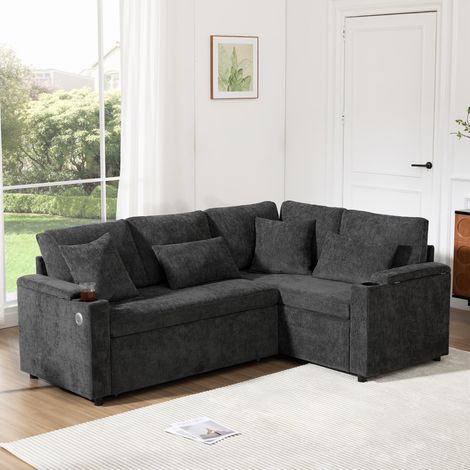 Canapé d'angle convertible 4 places en chenille gris foncé, méridienne droite, rangement, USB, porte-gobelet, 4 coussins (1/5)