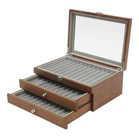 Vitrine à crayons en bois de rose, 34 compartiments (3 niveaux) – 31 x 20 x 12,5 cm, couvercle en verre, couleur noyer, style rétro – Parfait pour ranger des stylos à plume et des stylos à bille (1/5)