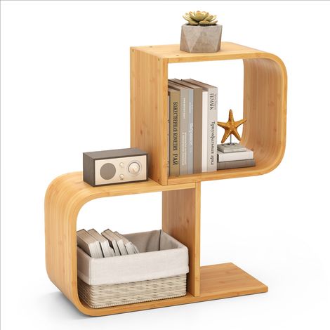 Libreria a 2 livelli a forma di S per esposizione, Mensola in bambù con 2 cubi aperti Naturale (1/5)