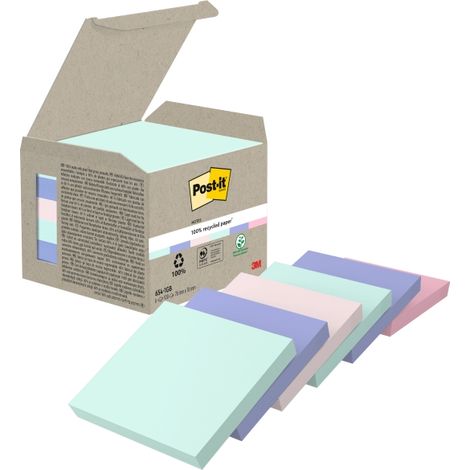 PACK 6 BLOCS 100 HOJAS NOTAS RECICLADAS ADHESIVAS 76X76MM COLORES SURTIDO PASTEL CAJA CARTÓN 654-1GB-N POST-IT 7100259123