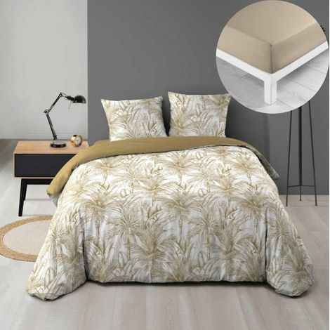 Pack Dune 240 x 220 cm – Housse de Couette Microfibre + Drap Housse Beige 140x190 cm