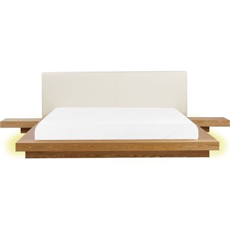 Modern EU Super King Size Platform Bed with LED 6ft Side Tables Faux Leather Headboard MDF Natural Ash Wood Zen