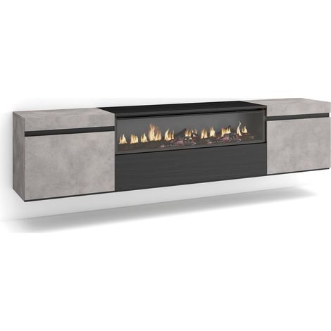 Skraut Home – Meuble TV suspendu mural avec cheminée électrique – Grand espace de rangement 200x35x45cm – Pour TV jusqu'à 80" – Style moderne gris ciment (1/5)