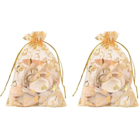 200 Stück 9 x 12 cm große, herzförmige Organza-Schmuckbeutel mit Kordelzug, ideal als Gastgeschenke für Hochzeiten, Partys und Weihnachten (Gold) (1/4)