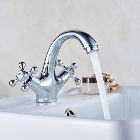 Robinet de lavabo de salle de bain vintage Mitigeur à double poignée en croix Robinet en laiton Mélangeur eau chaude et froide pour vasque