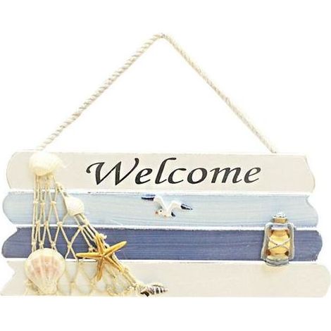 Lntyq Panneau de bienvenue en bois nautique méditerranéen, plaque porte bienvenue style de plage, signe de bienvenue en bois, panneau bienvenue maison pour porte d'entrée, décoration murale (1/4)