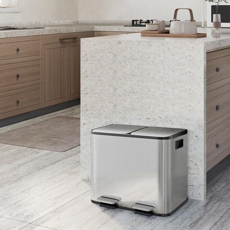 Poubelle cuisine inox 2x15L 30L double compartiment pédales métal couvercle fermeture douce maintien ouvert seaux amovibles anti odeurs (1/5)