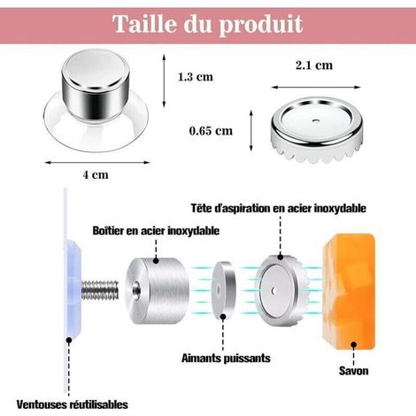 Porte-savon magnétique lot de 6 avec ventouse – fixation solide sans perçage, en acier inoxydable, pour salle de bain