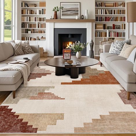 Tapis pour salon 200x300, grand tapis lavable à poils courts antidérapant, moderne design géométrique patchwork pour chambre à coucher, chambre d'enfant, bureau, salle à manger, brun orange (1/5)