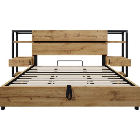 Lit double 180x200 cm avec rangement, tête de lit avec prises USB et Type-C, couleur chêne (1/5)