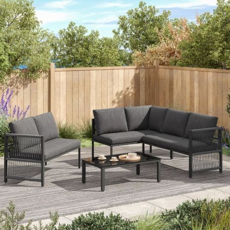 5-6 Seater Garden Furniture Set with Tempered Glass Coffee Table, L-Shaped Corner Sofa with Polyester Rope, Weatherproof Outdoor Patio Dining Lounge Set for Balcony and Terrace, Linen, Grey