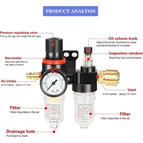 Riduttore di pressione per compressore d'aria da 1/4", riduttore di pressione da 1/4" con manometro, filtro regolatore per compressore (1/3)