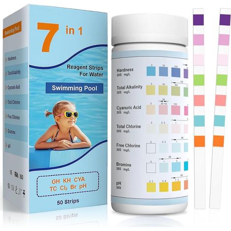 bandes réactives 7 en 1 pour bain à remous pH test, alcalinité, dureté totale, testeur de chlore libre, acide cyanurique, chlore et brome, pH et dureté (1/5)