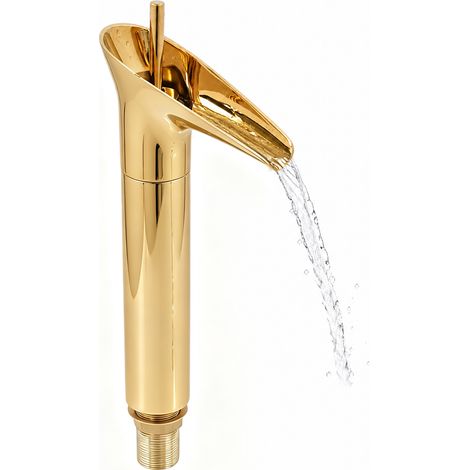 Robinet de lavabo cascade moderne doré, Mitigeur à une poignée pour salle de bain, anti-éclaboussures, vanne céramique (1/5)