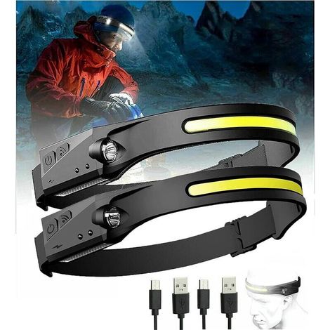 Lampe Frontale LED 230°, 220 LED Lampe Frontale Rechargeable à Faisceau Large Bandeau de Travail Hi-Beam, 350 Lumens Haute Sortie LED, Lampe Frontale à Induction Portative Résistante aux Intempéries ( (1/5)