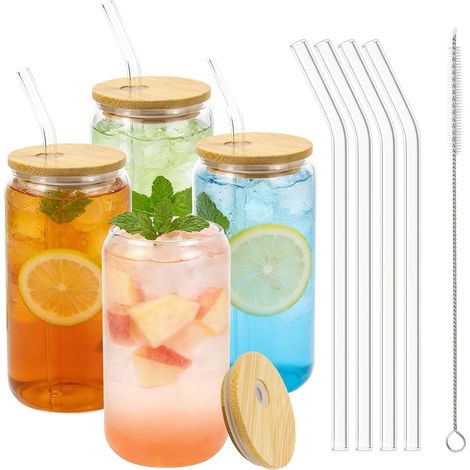 Lot de 4 Verres à Boire 500ml - Avec Paille et Couvercle Bambou - Pour Café Glacé et Cocktail (1/5)