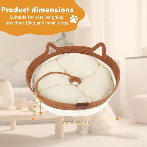 Panier pour Chat en Corde de Coton avec Coussin  46x46x16 cm Grand Lit Rond Lavable pour Chats avec Balle de Jeu en Corde de Coton (1/4)