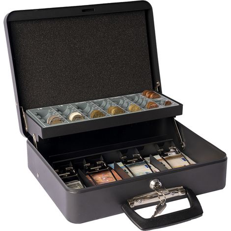 Arregui – Coffre-fort portatif en acier 30 cm – C9244HEUR – compartiment pièces et billets – 2 clés fournies – résistant aux chocs – couleur noire