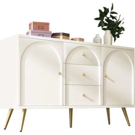 Kommode mit 2 Türen und 3 Schubladen, Verstellbarer Einlegeboden, Klassischer Stil, aus Holz und Metall, 140×40×84 cm, Creme-Weiß (1/5)