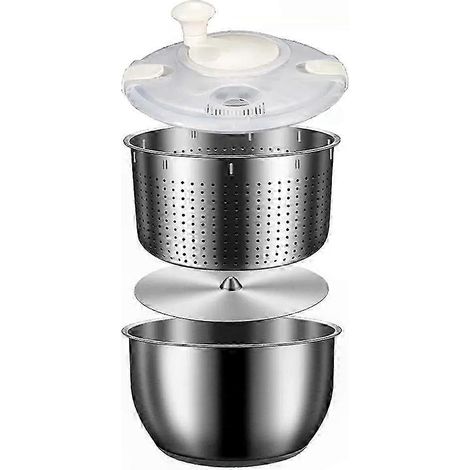 Grand saladier essoreuse à salade 6L avec bol inox et couvercle PP, pour légumes et fruits, lavage et séchage facile (1/5)