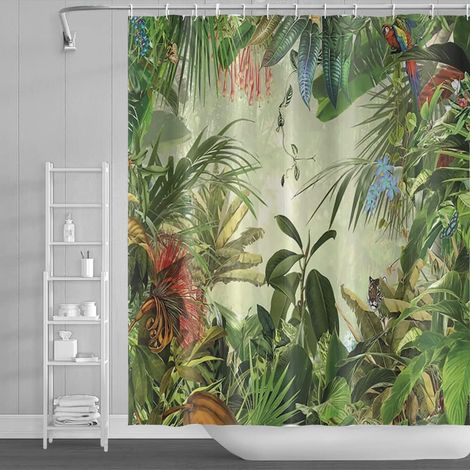 140x183cm Tropical Forêt Rideau de douche Brumeux Jungle Feuilles de palmier Fleur Rideau de bain Naturel Paysage Rideau de bain pour salle de bain Décor Étoffe Polyester Étanche avec crochets (1/5)