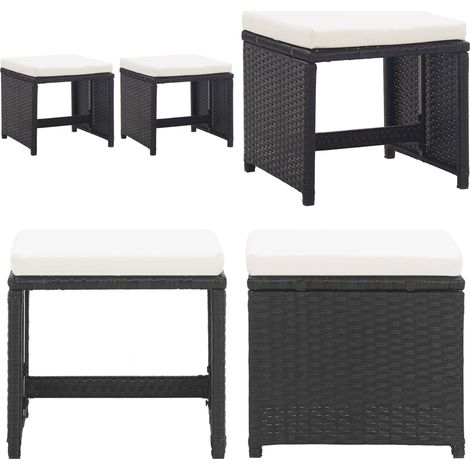 Gartenhocker 2 Stk. mit Sitzkissen Poly Rattan Schwarz - Terrassenhocker - Rattanhocker (1/5)