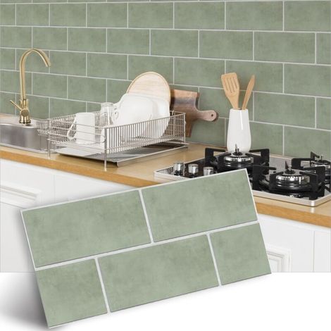 Wall and Floor Tile Stickers, Anti-Slip Kitchen and Bathroom Tile Stickers, Peel and Stick PVC Stickers, Sage Green, 30 x 15 cm, Pack of 12 (1/5)