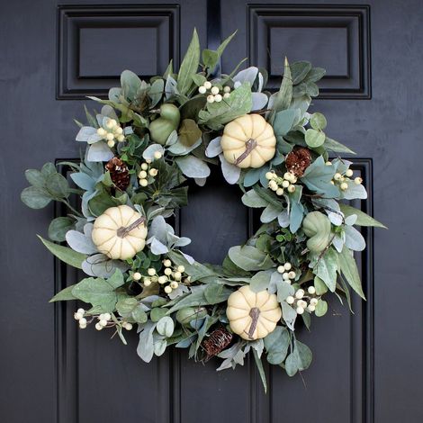 Guirlande Décorative - Couronne Automnale en Citrouille Blanche - 40 cm - Pour Porte Intérieure ou Extérieure - 1 Pièce (1/5)