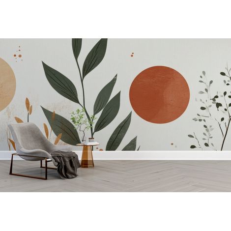 Papier peint boho - grands cercles terre cuite et feuillage noir - 150 x 250 cm (1/2)
