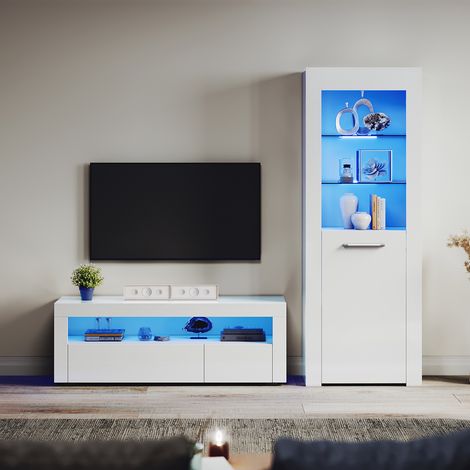 ELEGANT Modern High Gloss LED Lights TV Stand 120cm, Slow Close Hinge Display Cabinet with Glass Shelf Bookcase, Living Room Furniture Set (1/5)