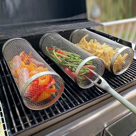 Grille cylindrique de 30 cm avec panier antiadhésif et antirouille, cage à fumage, barbecue portable, rouleau rotatif, 1 pièce (1/4)