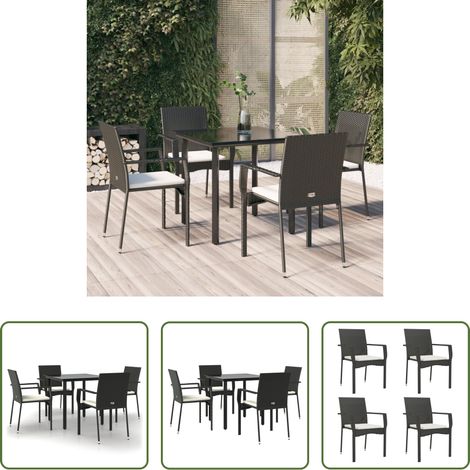 Gartenessgruppe - 5-tlg. Garten-Essgruppe mit Kissen Schwarz Poly Rattan (1/5)