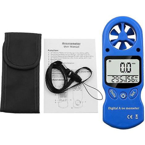 Digitales Handanemometer mit Windgeschwindigkeitsmesser (0,3–30 m/s) und Temperaturanzeige (14–122 °F).