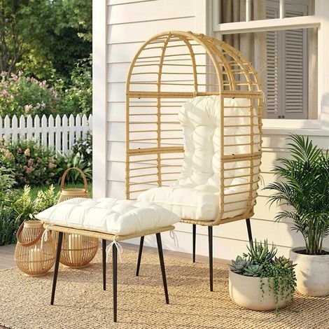 Fauteuil suspendu en rotin PE beige en forme d'œuf avec repose-pieds, chaise de jardin avec coussins longs et épais, structure en métal (1/5)