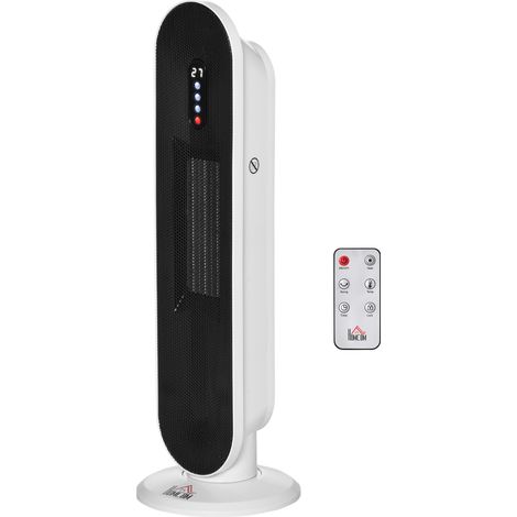 Chauffage à tour, céramique noir et blanc 1200/2000W. Télécommande, minuterie 24h et anti-basculement pour chauffer efficacement votre pièce.