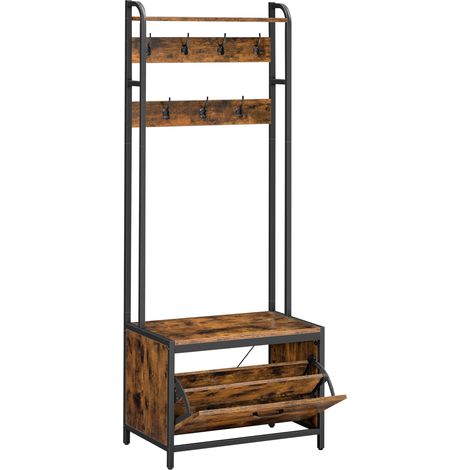 Meuble d’Entrée avec Banc, 7 Crochets et Étagère, Porte-Manteaux, Vestiaire, pour Couloir, Chambre, Style Industriel, Marron Rustique et Noir HSR425B01 (1/5)