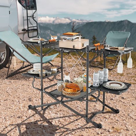 Pour cuisiner et organiser en plein air, station de cuisine portable avec 4 tablettes et crochets intégrés (1/5)