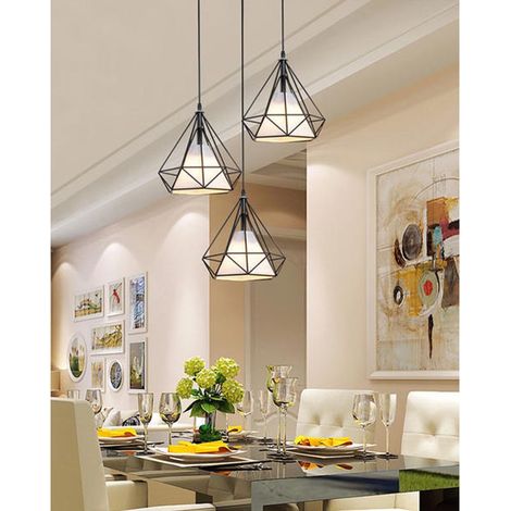– Suspension cage diamantée 3 lumières – Abat-jour fer noir 25cm – Corde ajustable – Douille E27 – Pour salle à manger, bar, chambre (1/5)