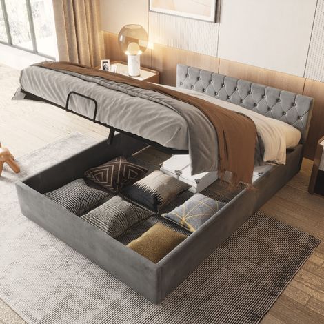 Samtpolsterbett 140x200 cm mit Stauraum und Lattenrost, Doppelbett Grau mit hydraulischem Bettkasten, elegantes geknöpftes Kopfteil (1/5)