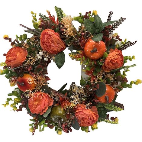 Couronne Artificielle - Citrouille et Pivoines - Décoration Saisonnière Automne Printemps - Pour Porte d'Entrée Mur et Intérieur - 1 Pièce (1/5)
