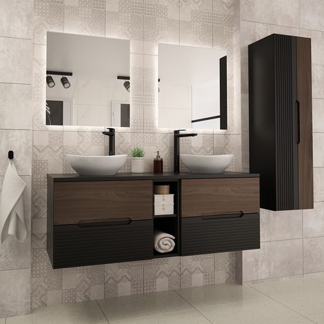 Doppelwaschtisch und Hängesäule 140cm Sylla mit 4 Schubladen, Schwarz und Holzoptik