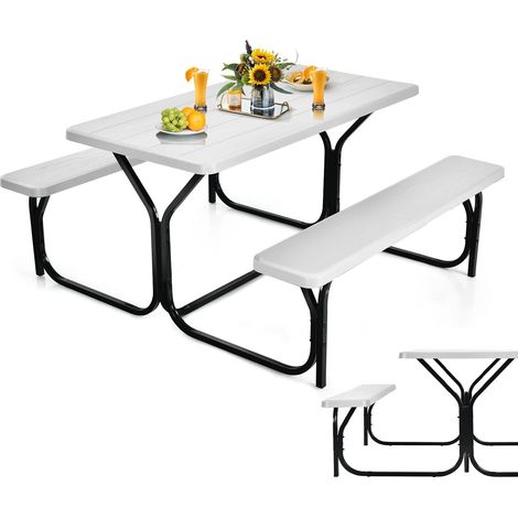 COSTWAY Bierzeltgarnitur, Picknicktisch & 2 Sitzbänke, 137x150x72cm, Metallrahmen, Festzeltgarnitur Weiß (1/5)