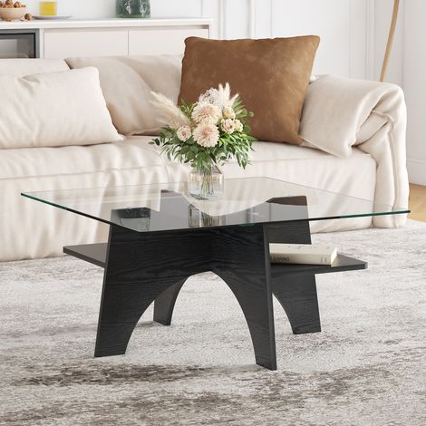 Table d’appoint carrée en verre sécurité 80 cm,pieds MDF effet bois noir. Idéale pour la salle à manger,le salon et le bureau à domicile.