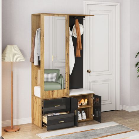 Tkopy - Ensemble de meubles d'entrée avec miroir et 2 tiroirs - Vestiaire d'entrée avec 1 cintre rétractable et 2 Crochets - chaussures et banc - pour entrée couloir - 100x38x180 cm - Noir+Naturel
