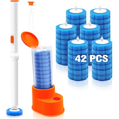 Brosse WC Jetable Recharge avec Pince, Nettoyeur Toilette avec Produit, 42 Recharges de Détergent Support pour Evier, Baignoire et Lavabo (Orange) (1/5)