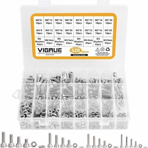 520PCS M3 M4 M5 M6 Stainless Steel Hex Head Button Socket Head Cable Bolts Screws with Nuts Assortment (1/5)