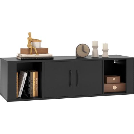 COSTWAY Meuble TV Suspendu Flottant à 2 Portes, Armoires de Télévision Suspendues avec Rangement, 2 Cubes, Console Multimédia TV Convient pour Salon, Chambre, Bureau (Noir) (1/5)