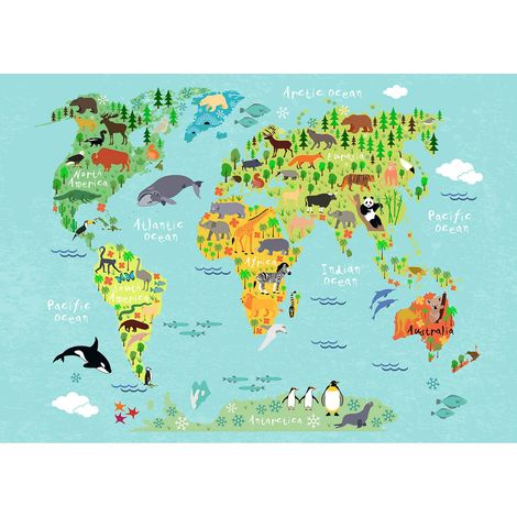 Tableau carte du monde multicolore pour enfant | Tableau turquoise chambre bébé avec animaux | Tableau original chamnbre enfant - 0,7 x 0,5 m (1/2)