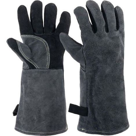 Gants de protection thermique en cuir pour barbecue, 40 cm, pour feu, soudure, cheminée, four, cuisine, poêle à frire (1/4)