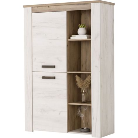 Sagama Vitrine, Ausstellungsregal 6 Ebenen, Flügeltüren, 2 Türen, 99,5x36,5x146,5h cm Weiß Lärche